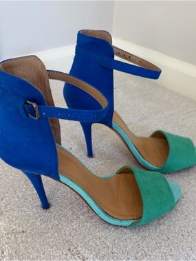 Zara Three -Tone Suede Ankle-Strap Heels in Blue and Kelly Green And Mint Green